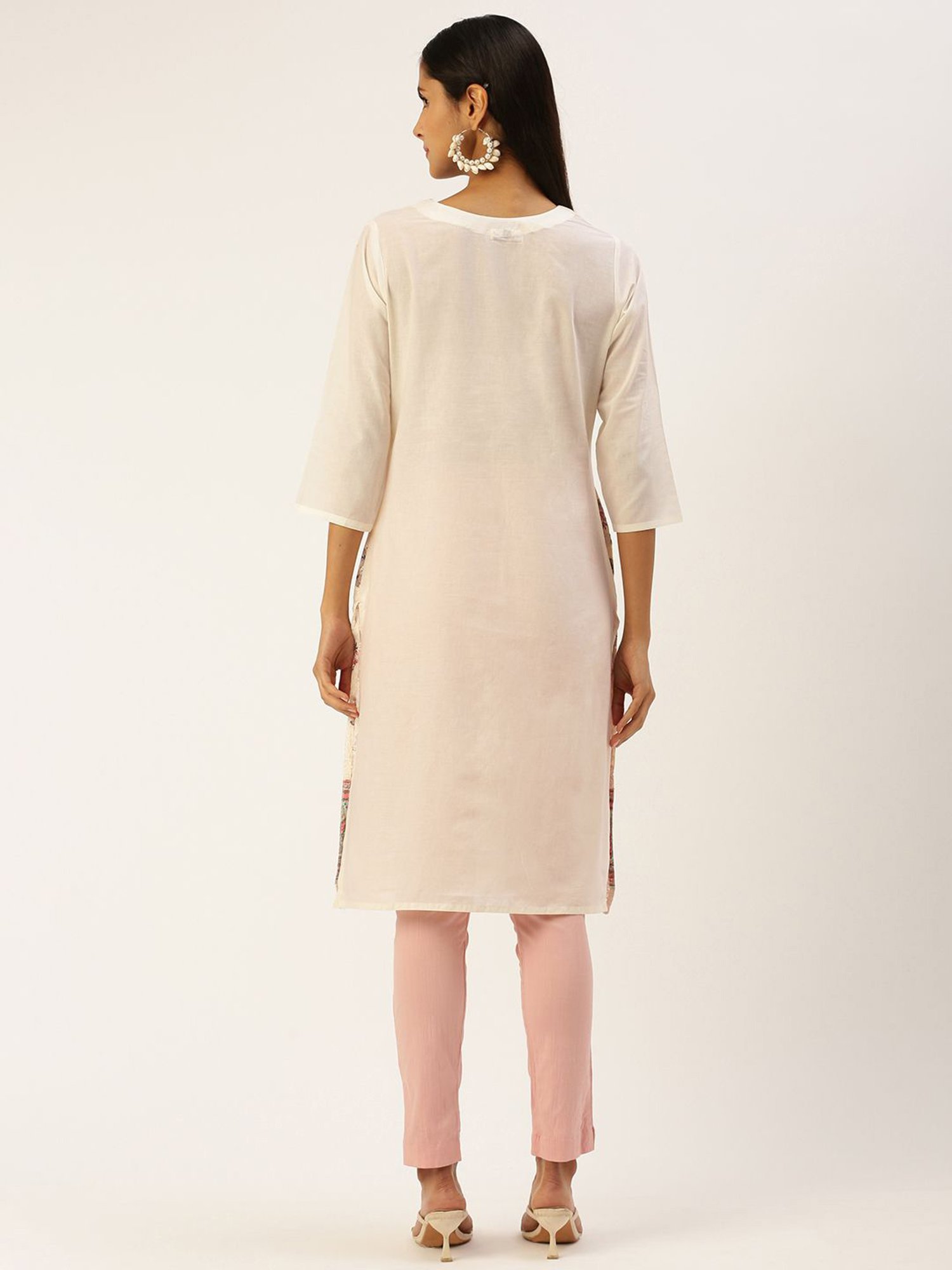 SHANVIKA Cream Embroidered Cotton Straight Kurta