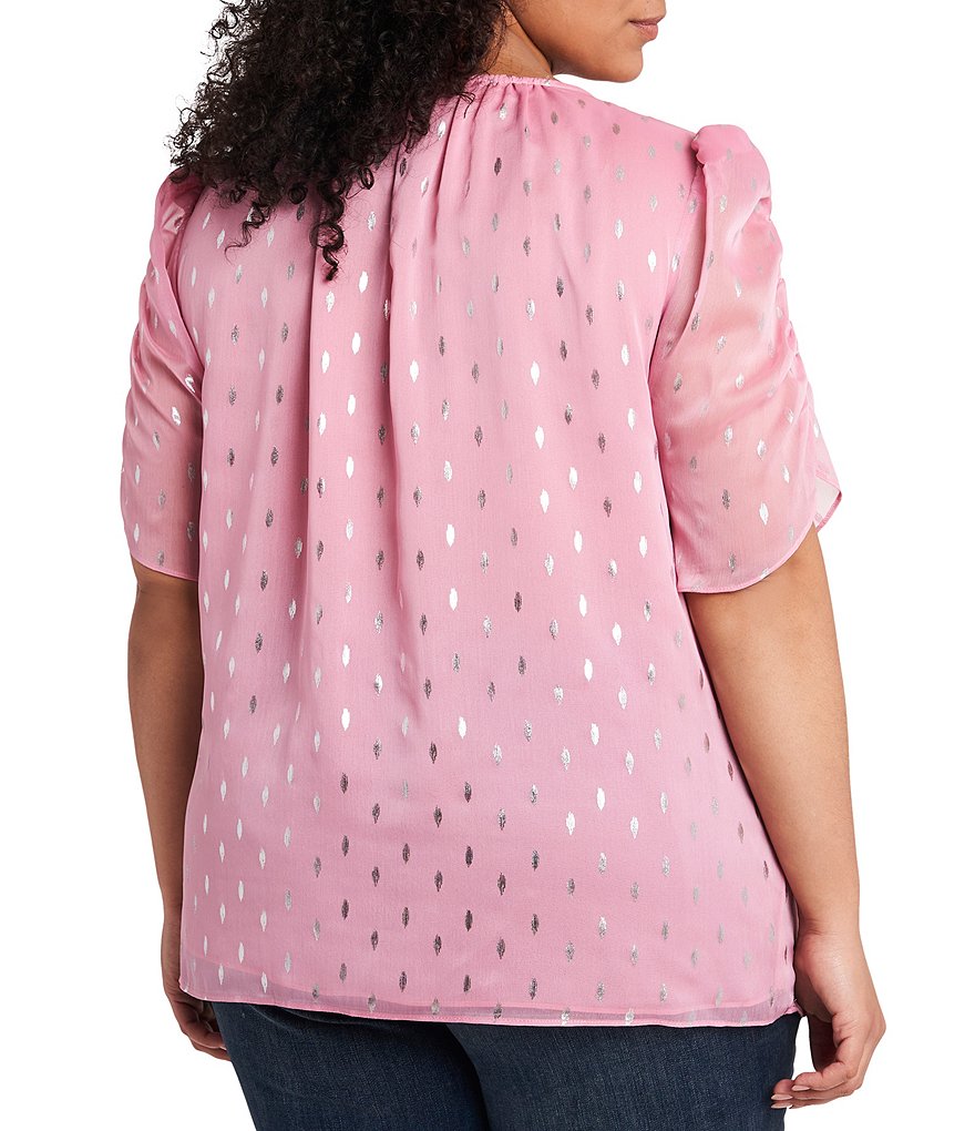 1. STATE Plus Size Round Neck Puff Short Sleeve Metallic Foil Blouse