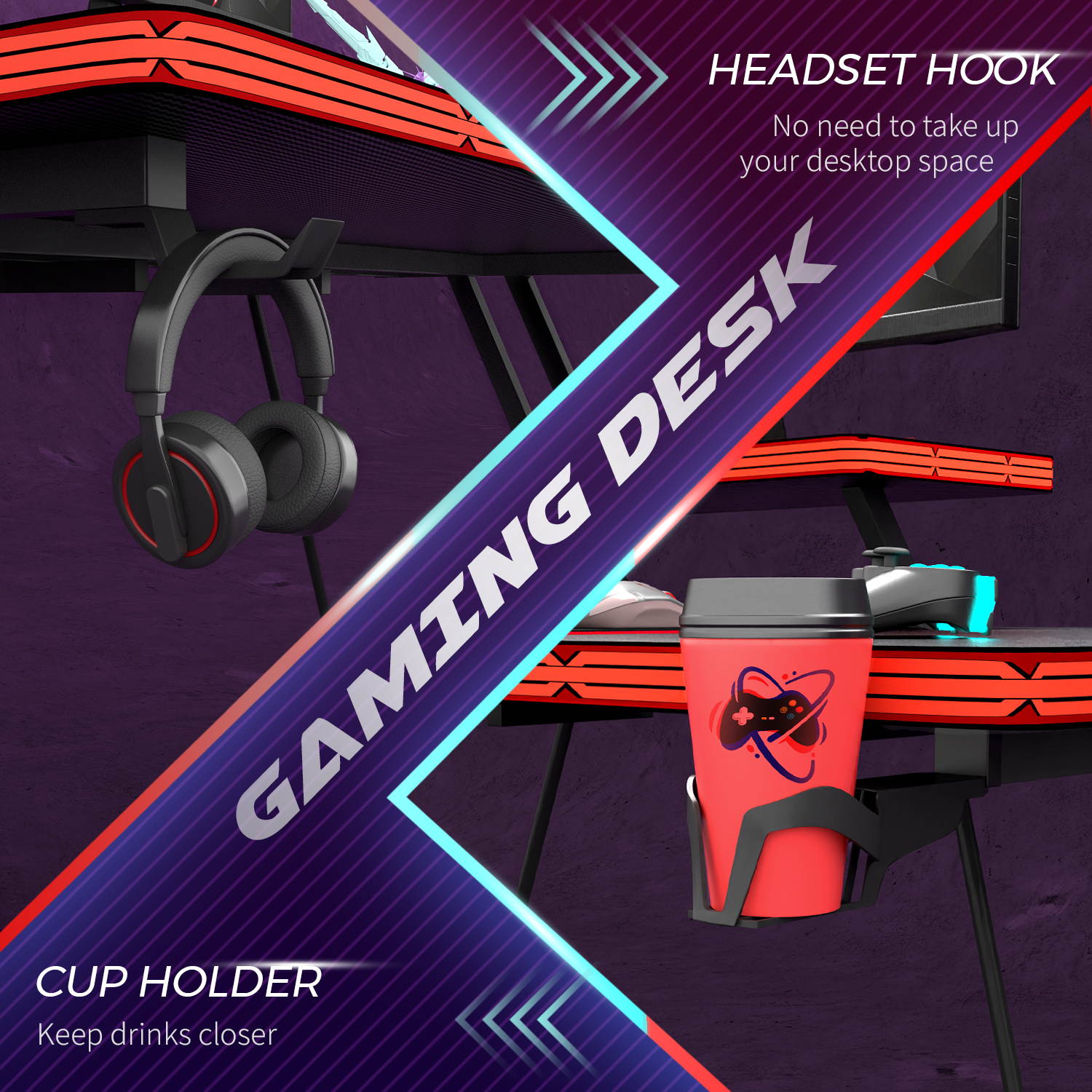 Furmax 47 inch Gaming Desk Z Shaped PC Gaming Table with Carbon Fibre Surface Computer Desk Gamer Workstation with Monitor Shelf, Cup Holder and Headphone Hook for Home Office (Black)