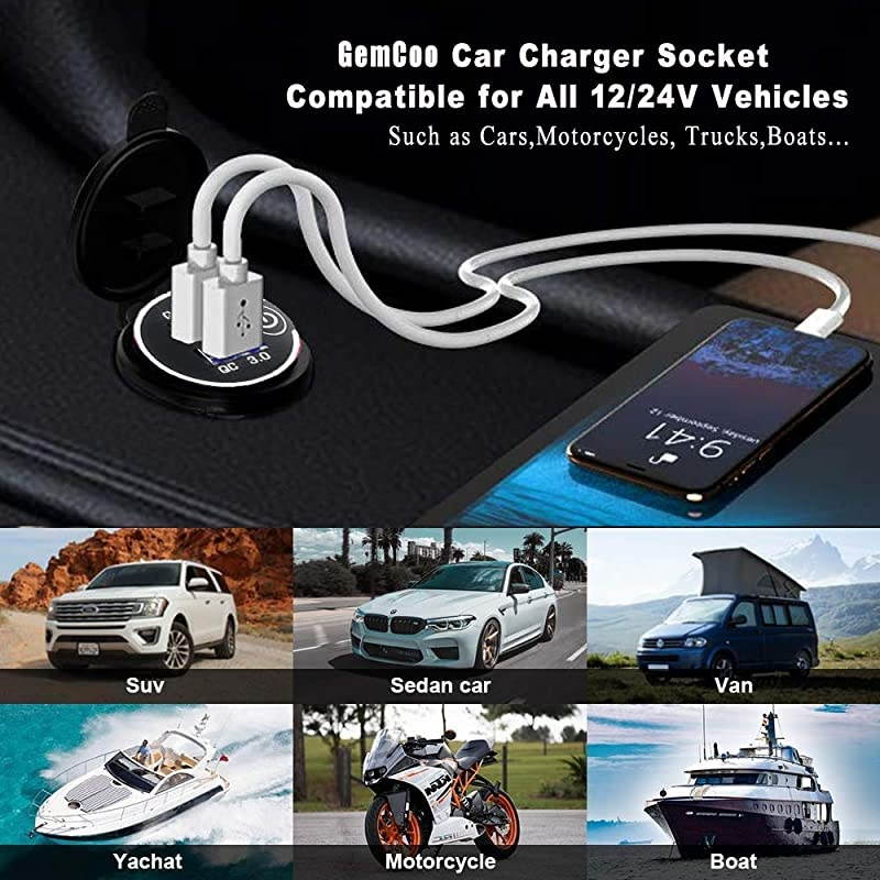 Charge 30 USB Car Charger Socket 12V24V 36W Dual QC30 USB Fast Charger Socket Power Outlet with LED Voltmeter for Marine Boat Motorcycle Truck Golf Cart Red White