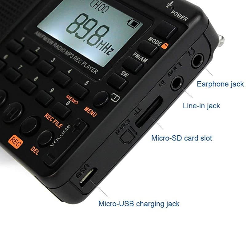 V115 Shortwave Radio AM FM Radio Digital Tuner Rechargeable Radio Support Recording Portable MP3 Radio with Bass and TF Socket Black