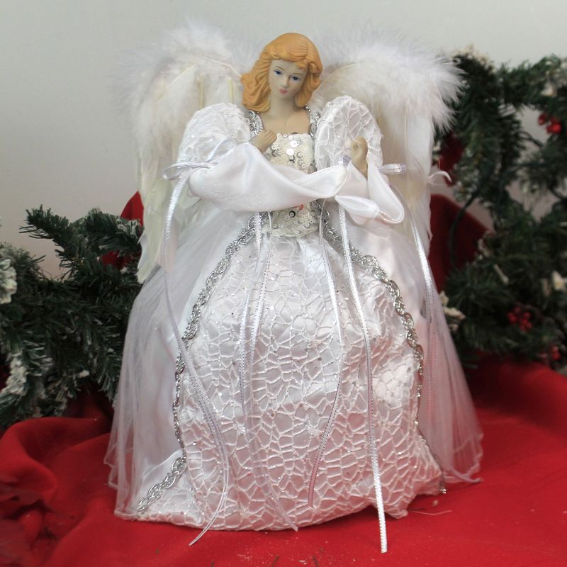 Tree Topper Finial 14.0" White/ Silver Angel Tree Topper Free Standing Feather Wings  -  Tree Toppers