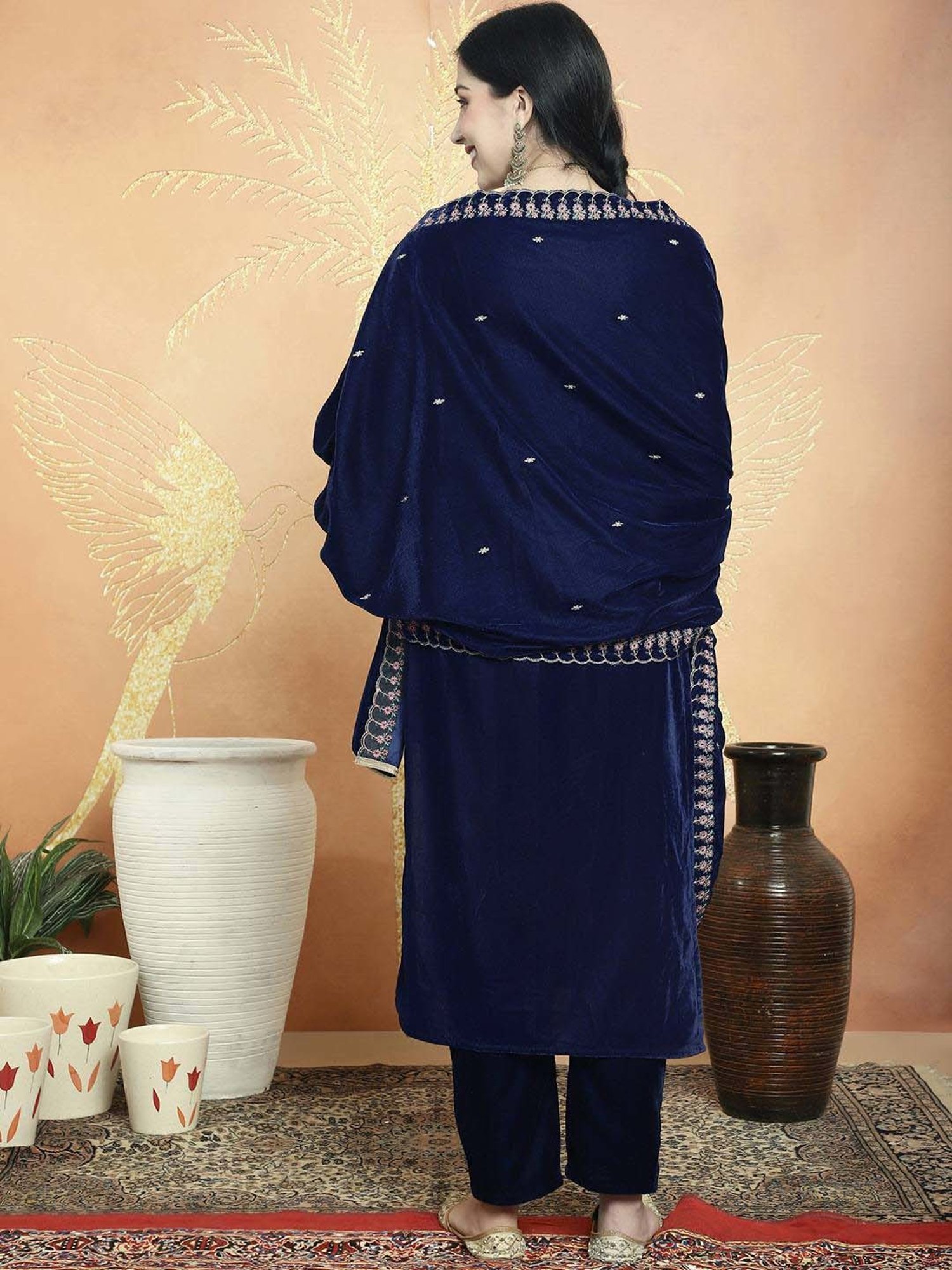 Stylee LIFESTYLE Navy Embroidered Unstitched Dress Material