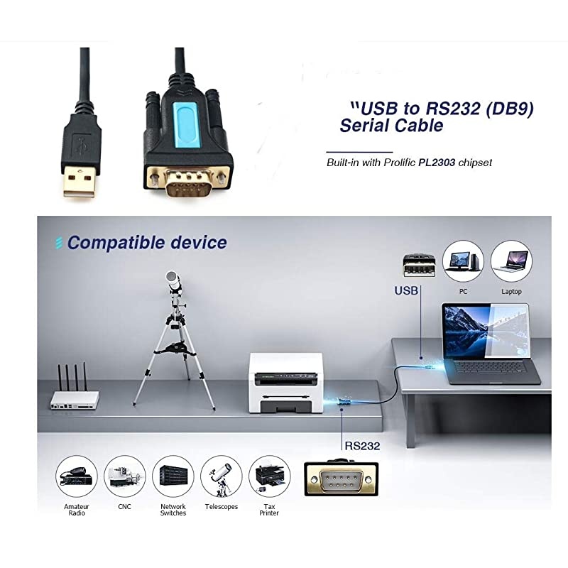 USB to RS232 Adapter with Prolific PL2303 Chipset USB20 Male to RS232 Male DB9 Serial Cable 2m 6ft for Windows XPWindows Vista7810Mac OS 106 Above Linux