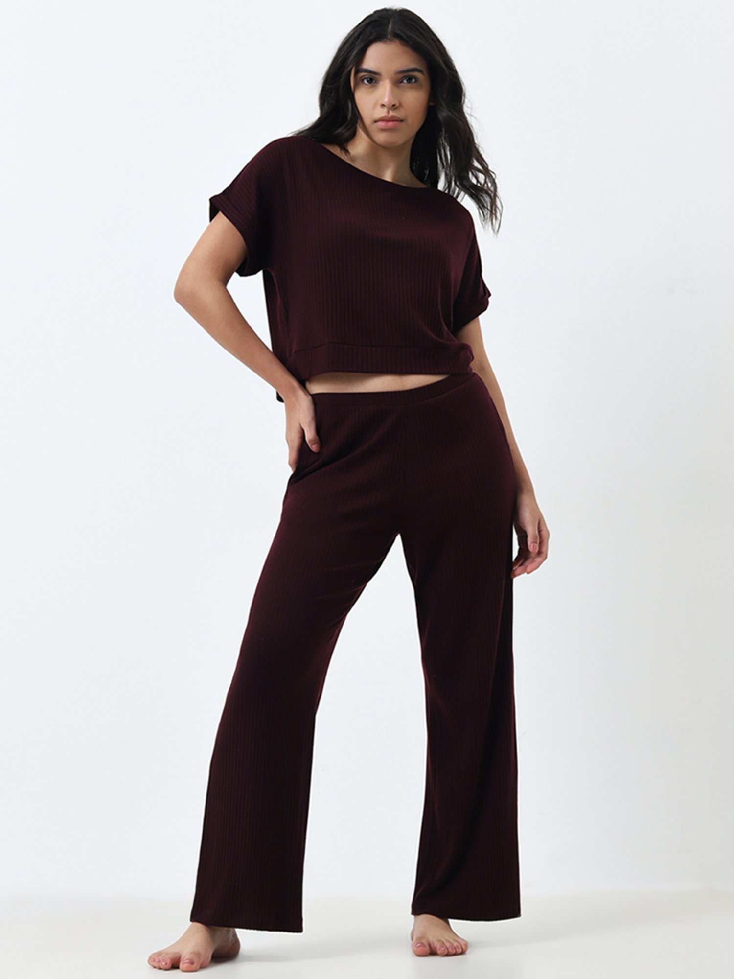 Wunderlove by Westside Burgundy Ribbed High-Rise Pants