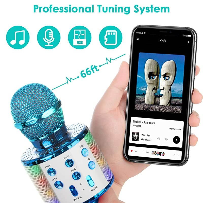 Bluetooth Karaoke Microphone, 5-in-1 Portable Handheld Mic Speaker Player Recorder with Controllable LED Lights, Adjustable Remix FM Radio for Christmas, Birthday, Home Party More (Blue)