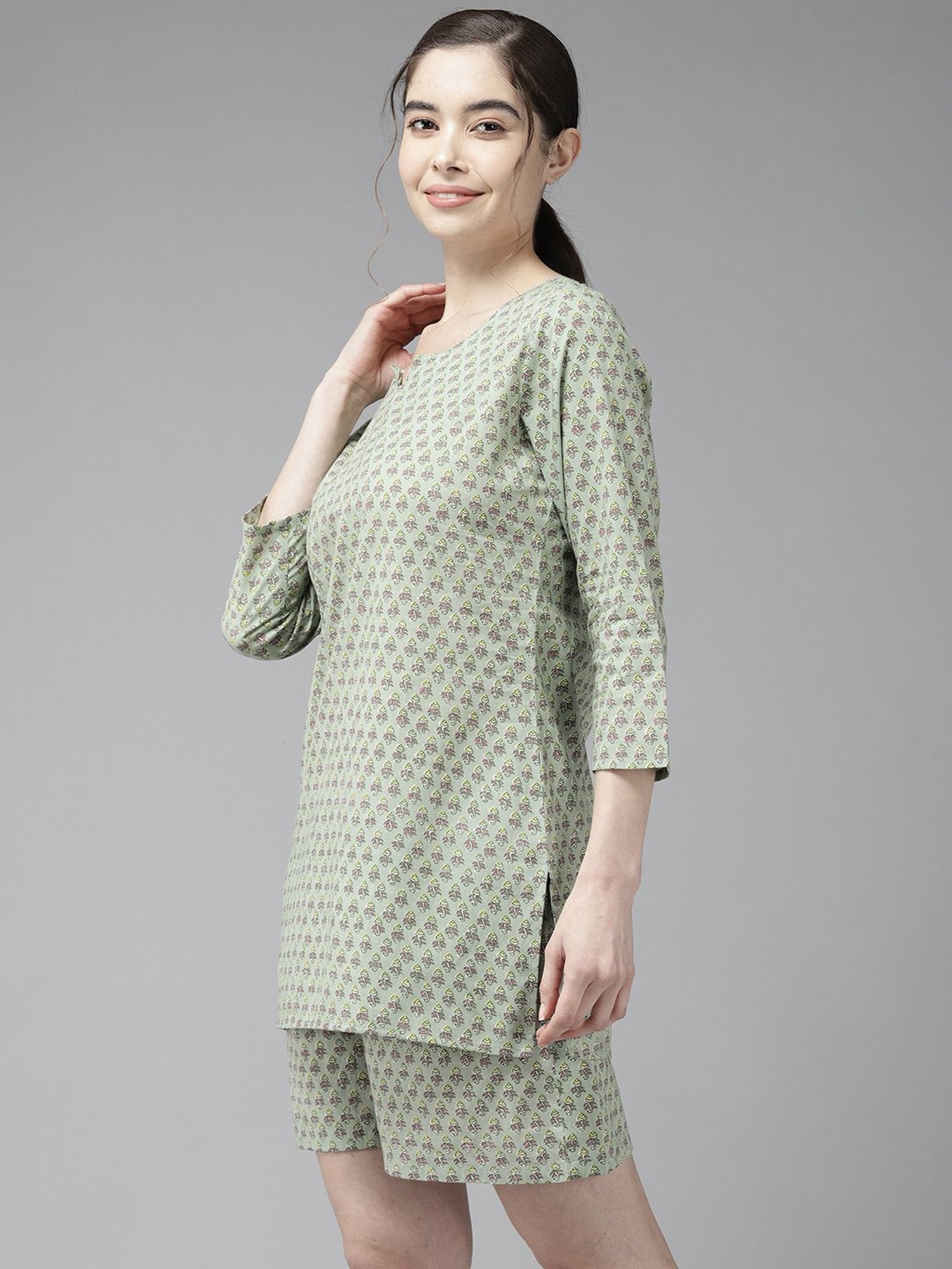 Prakrti Green Cotton Printed Top Shorts Set