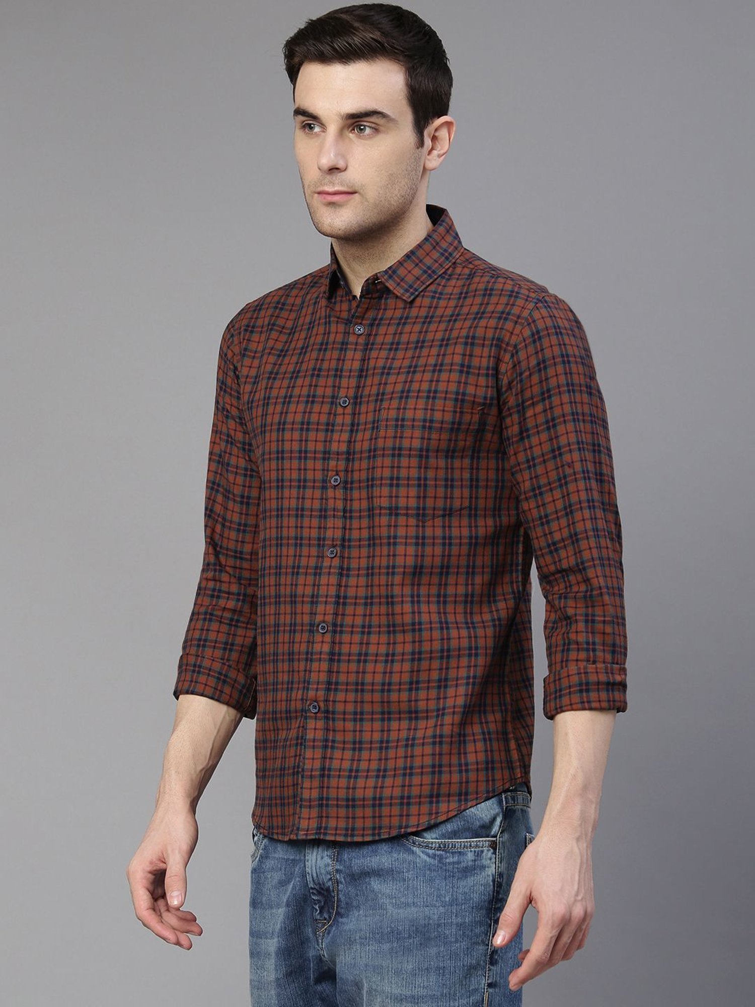 Dennis Lingo Brown & Navy Cotton Slim Fit Checks Shirt