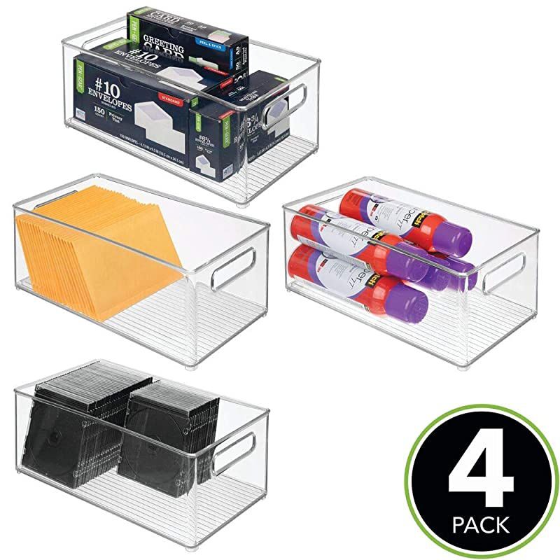 Plastic Storage Bin Container Home Office Desk and Drawer Organizer Tote with Handles Holds Gel Pens Erasers Tape Pens Pencils Markers Envelopes 145 Long 4 Pack Clear