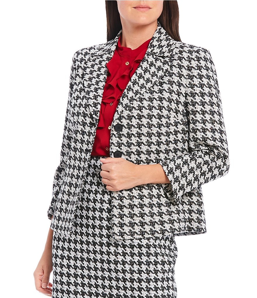 Kasper Houndstooth Jacquard Three Button Boxy Jacket