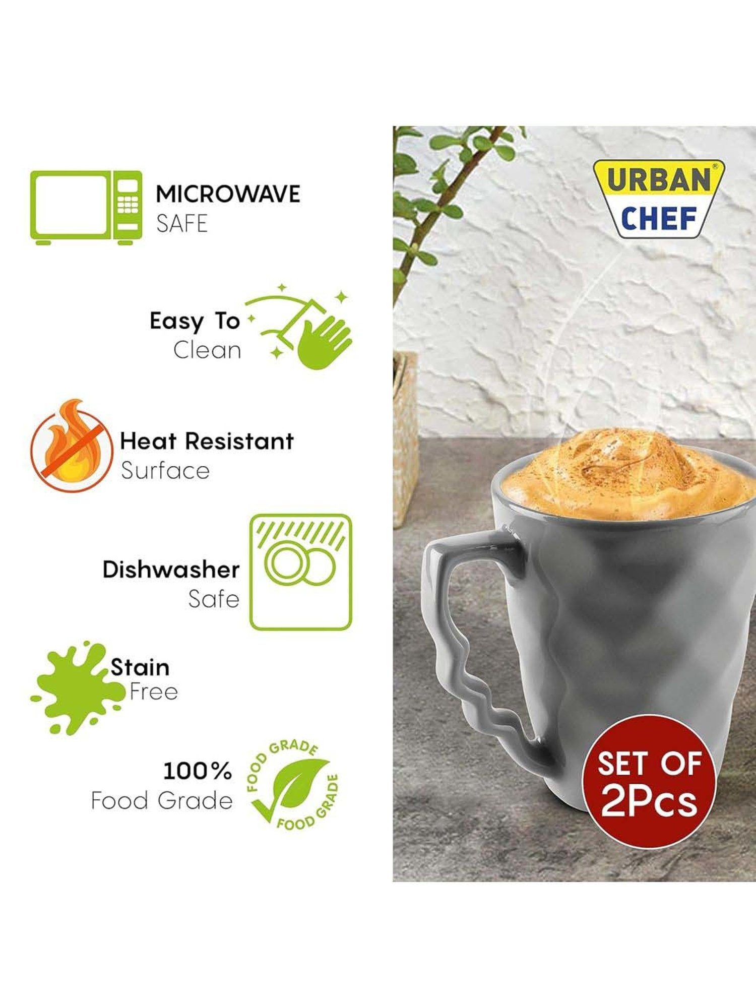 Urban Chef Grey Ceramic Prism Microwave Safe Coffee Mug With Handle (0.225 L) - Set of 2