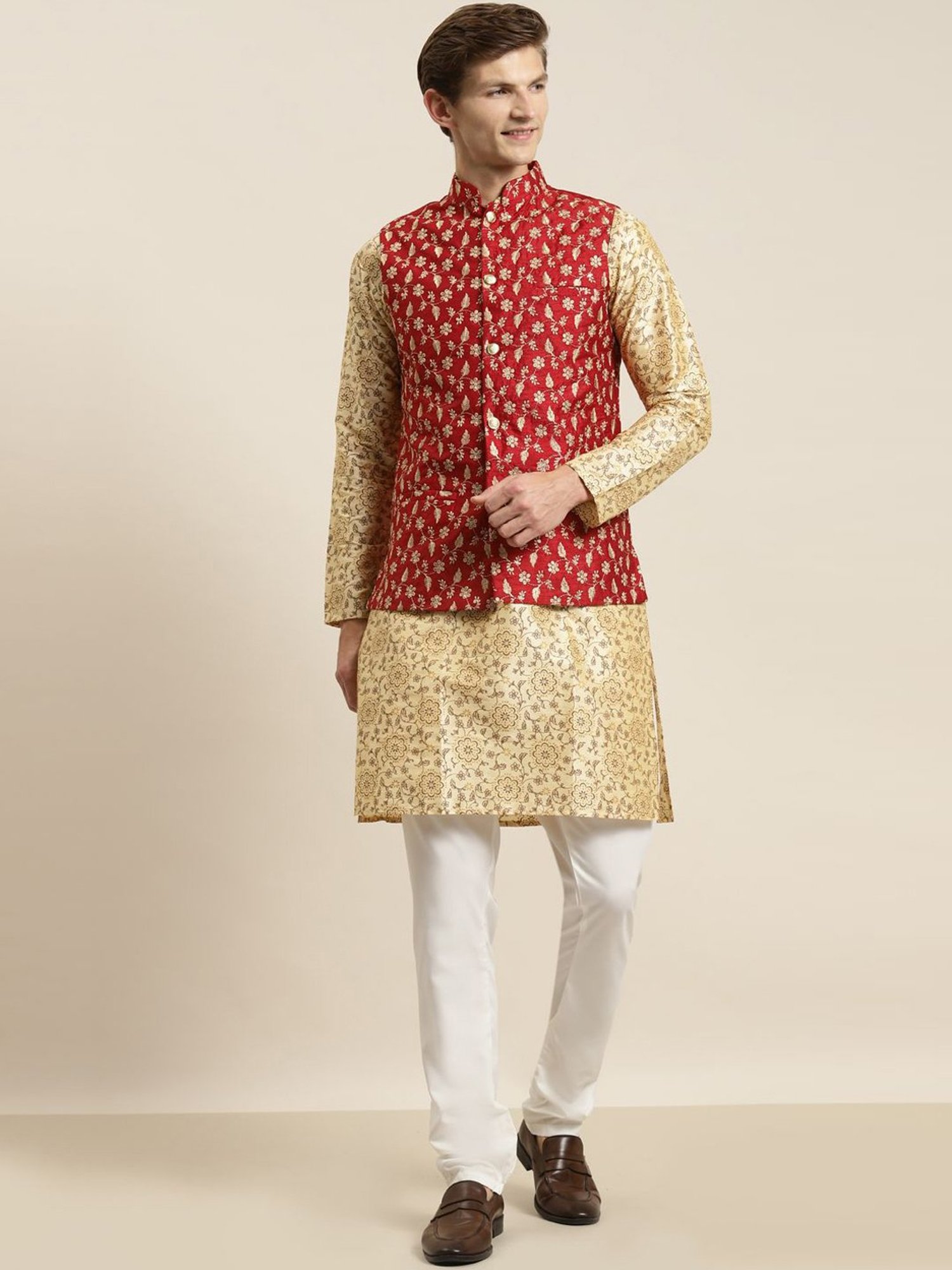 Sojanya Beige & Red Regular Fit Printed Kurta Set With Jacket