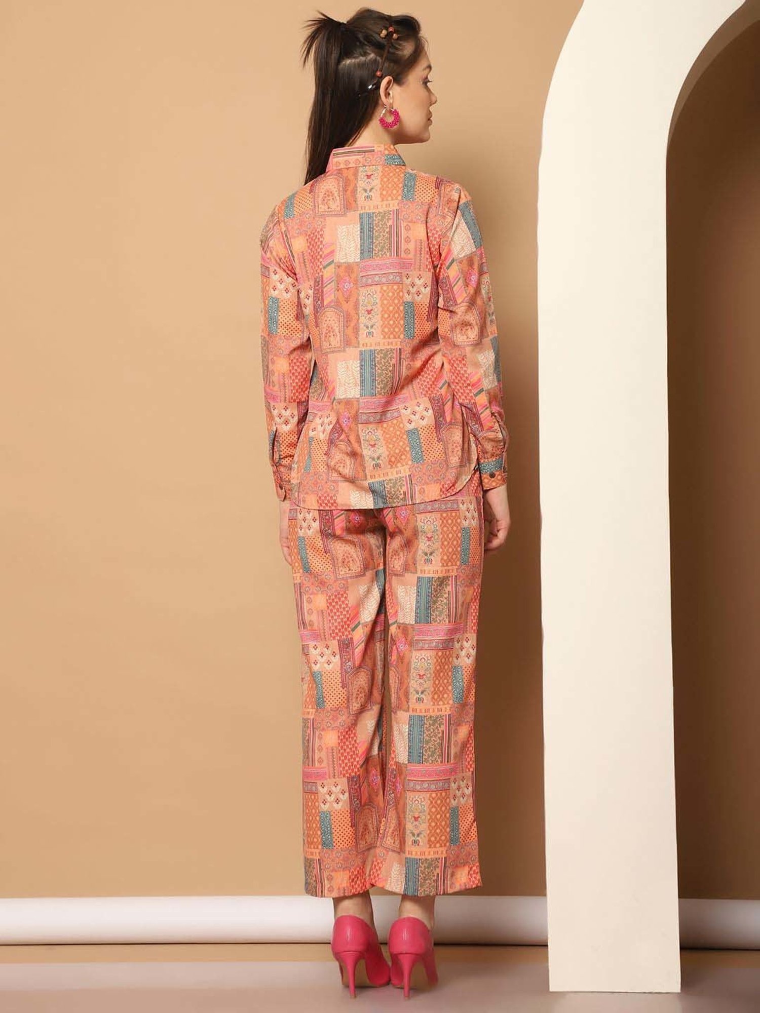 Indian Needle Orange Printed Shirt Pants Set