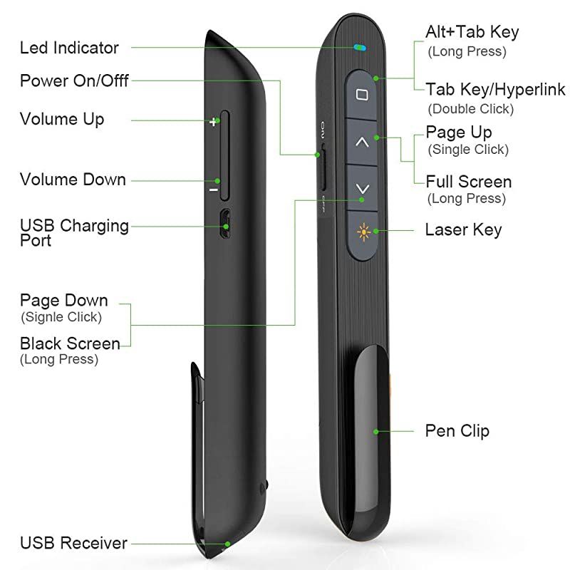 330FT  N76 Green Presentation Remote Rechargeable Wireless Presenter Remote with Green Light Presentation Pointer Slide Advancer Support HyperlinkVolumeKeyCustomized