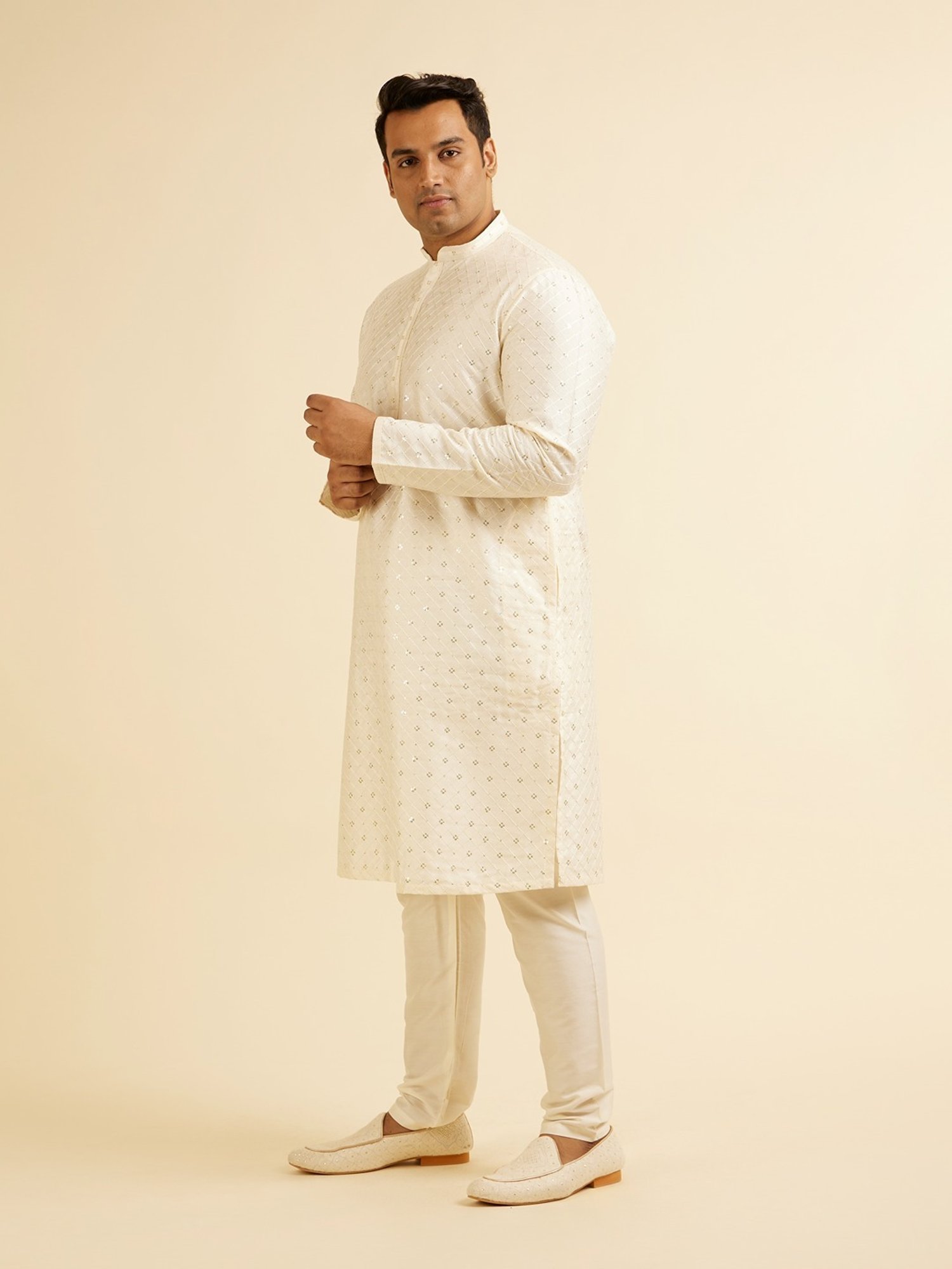 Manyavar Cream Regular Fit Embroidered Plus Size Kurta and Pyjama Set
