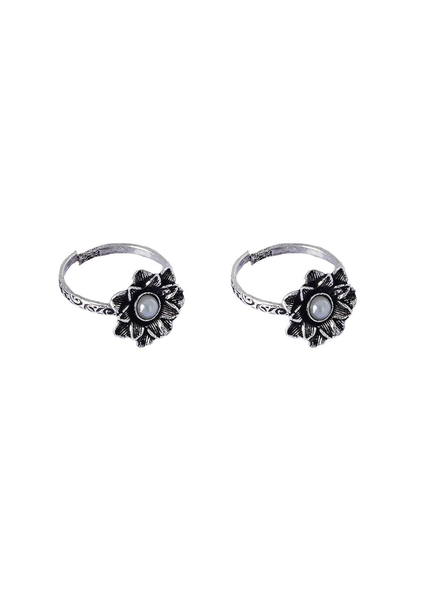 Teejh Kayra White Stone Silver Oxidized Pair of Toe-Rings