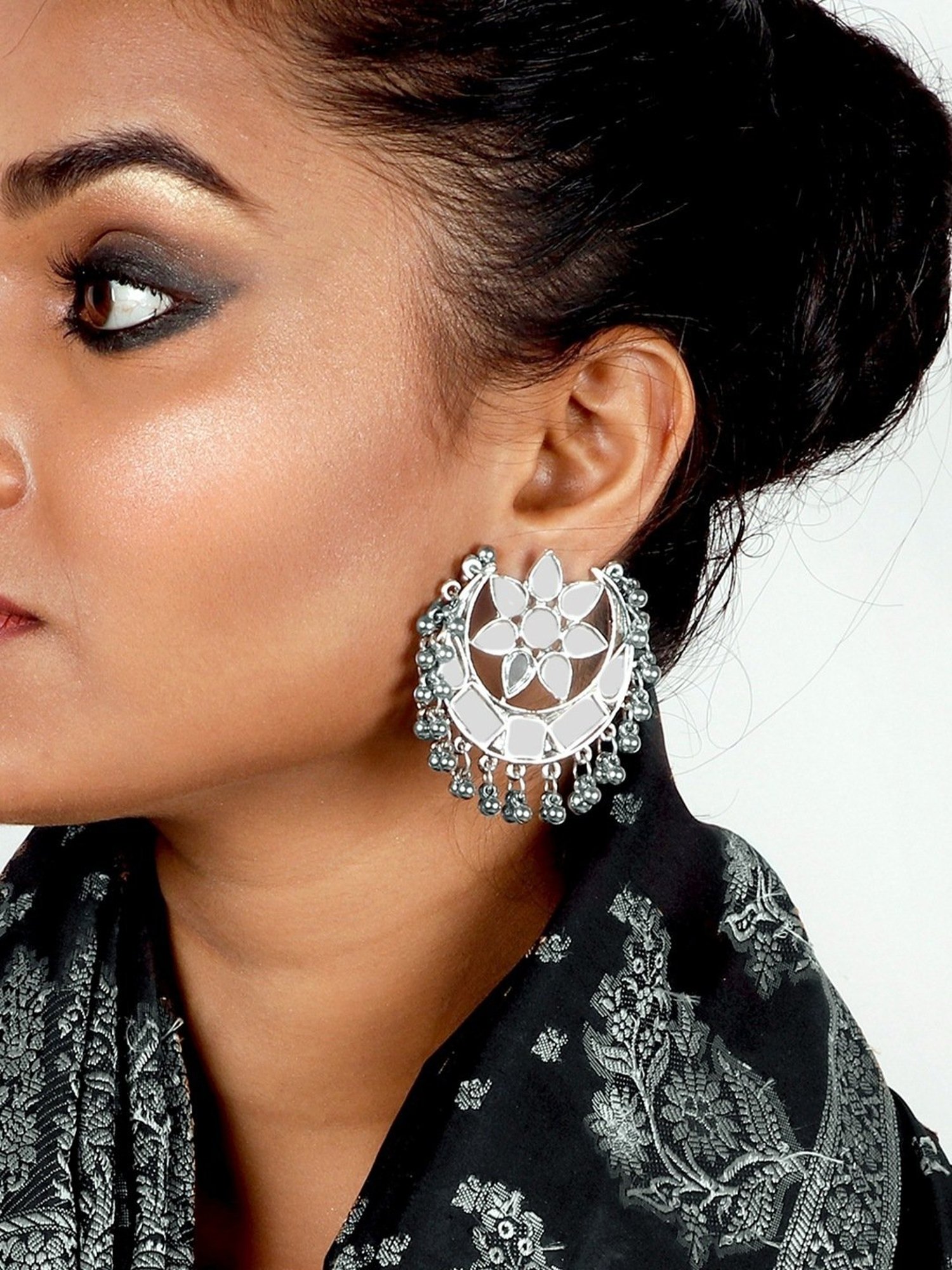 Teejh Ethnic Akashi Silver Oxidized Mirror Stud Earrings