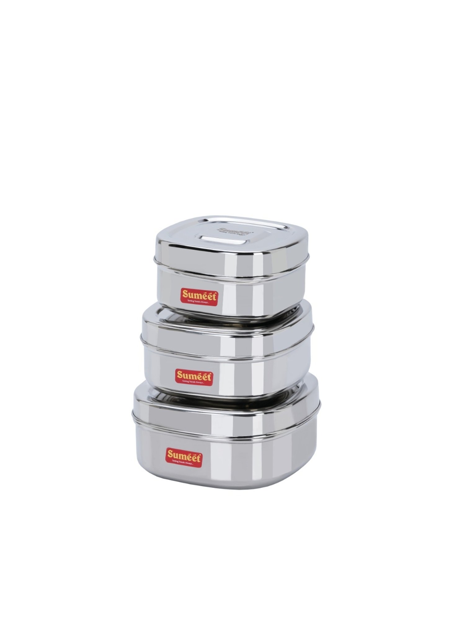 Sumeet S.S.Square Storage container box for Kitchen, 3Pc, 550ml,700ml & 1000ml, 11cm,12.5cm&14.5cm