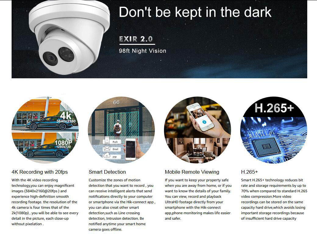 Hikvision 8MP Dome IP PoE Security Camera DS-2CD2385FWD-I 2.8MM Lens 4K UltraHD Outdoor Security POE IP Dome Camera Onvif EXIR 98ft Night Vision Turret Camera with Card Slot IP67 Waterproof, 1-Pack