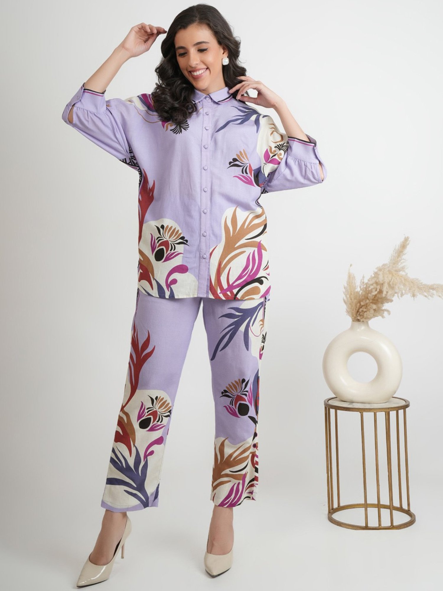Zolo Label Lilac Floral Print Shirt Pant Set