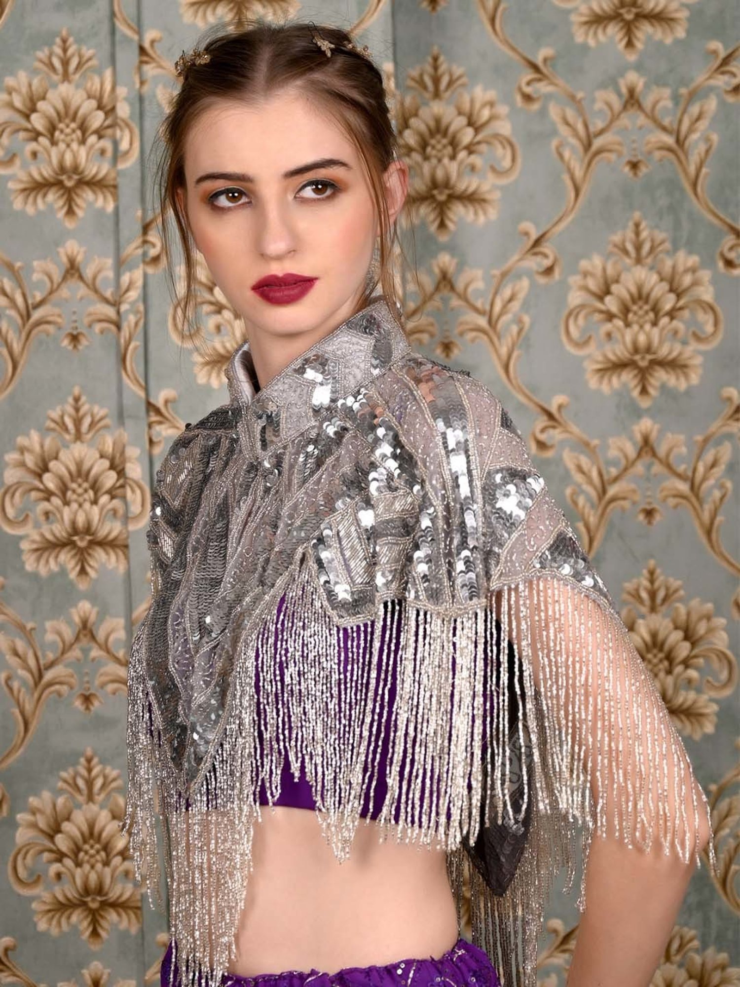 Odette Grey Embellished Fancy Cape