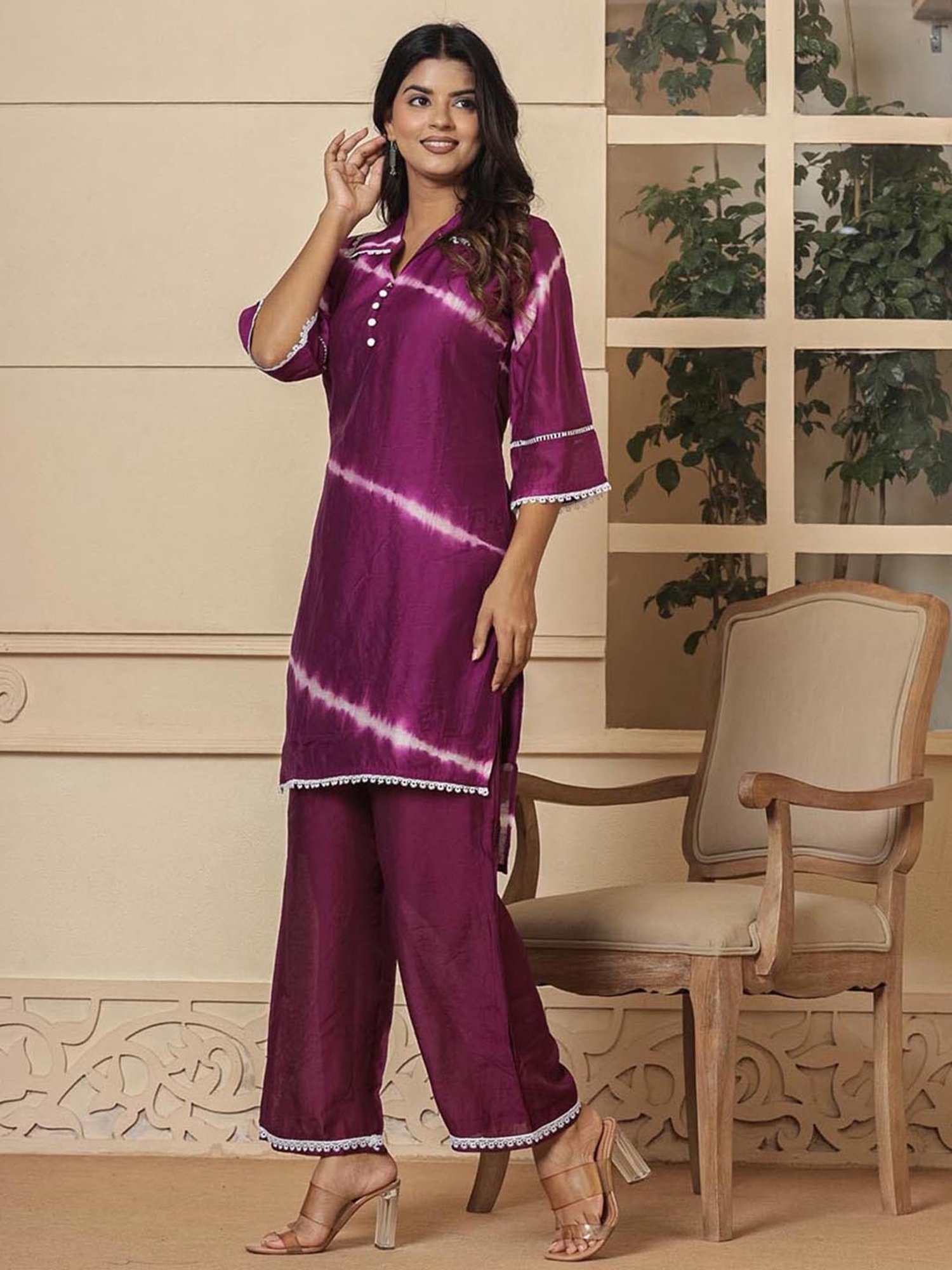Yufta Purple Striped Kurti & Palazzo Set