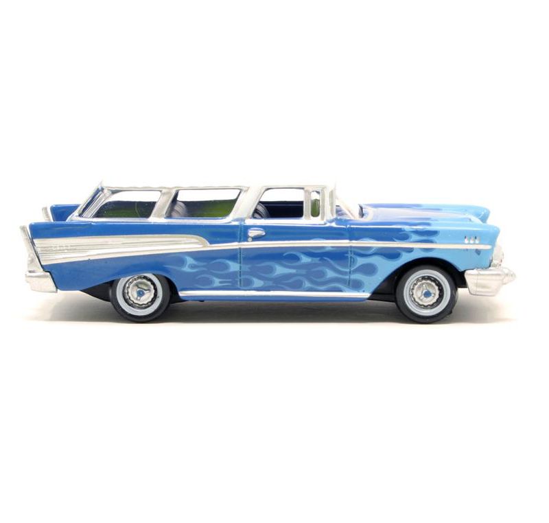 1957 Chevrolet Nomad Blue with Light Blue Flames and White Top "Hot Rod" 1/87 (HO) Scale Diecast Car by Oxford Diecast