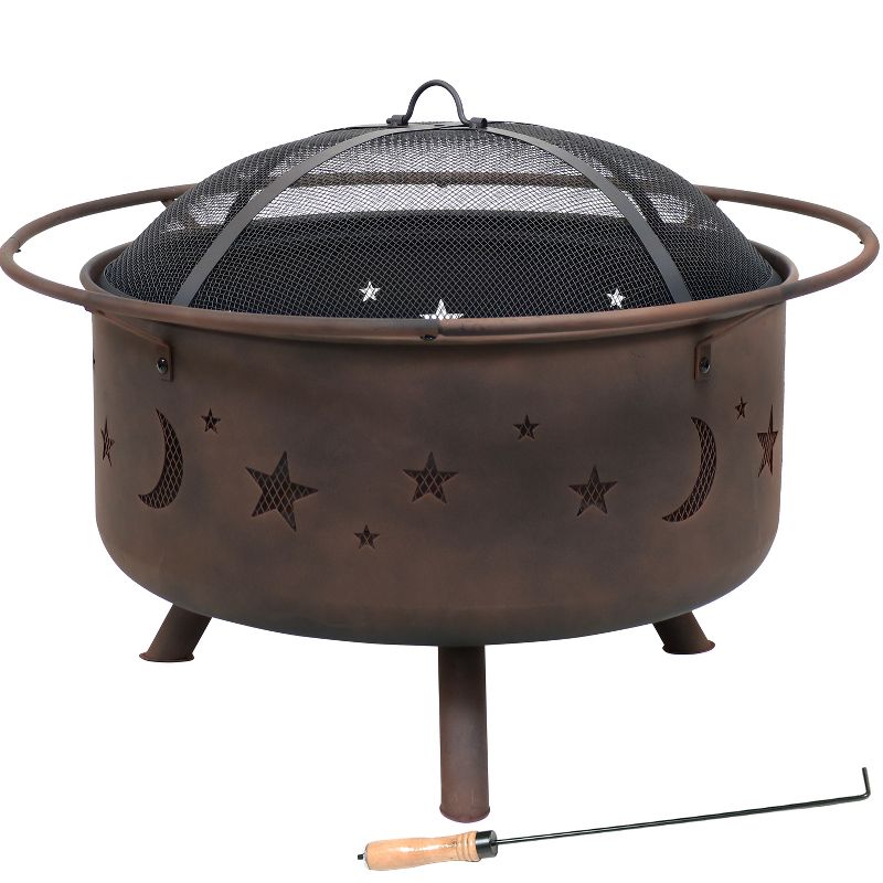 Sunnydaze Outdoor Camping or Backyard Round Cosmic Stars and Moons Fire Pit with Cooking Grill Grate, Spark Screen, and Log Poker - 30"