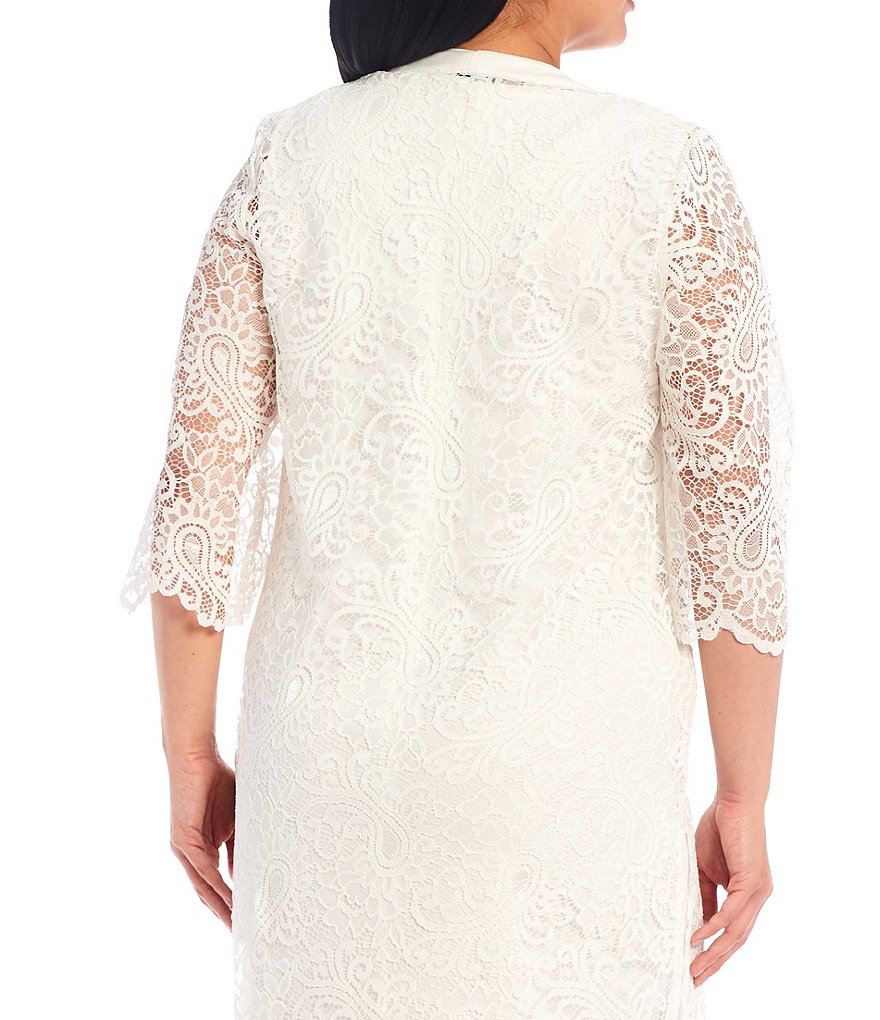 Le Bos Plus Size Round Neck 3/4 Sleeve Stretch Knit Lace Sheath 2-Piece Jacket Dress