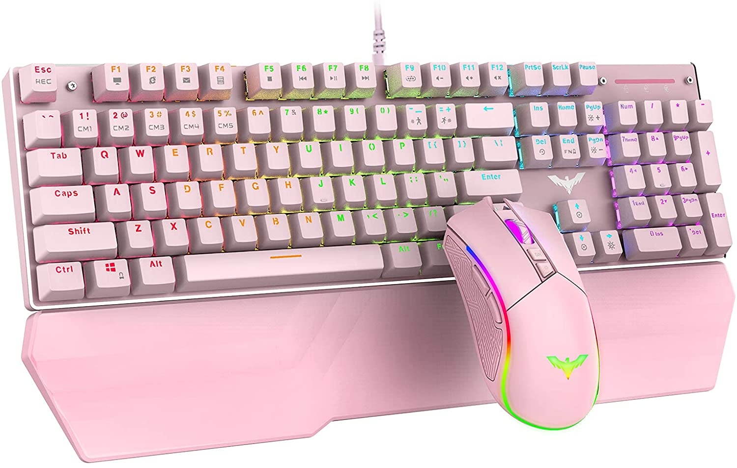 Havit Mechanical Keyboard and Mouse Combo RGB Gaming 104 Keys Blue Switches Wired USB Keyboards with Detachable Wrist Rest Programmable Gaming Mouse for PC Gamer Computer Desktop (Pink)
