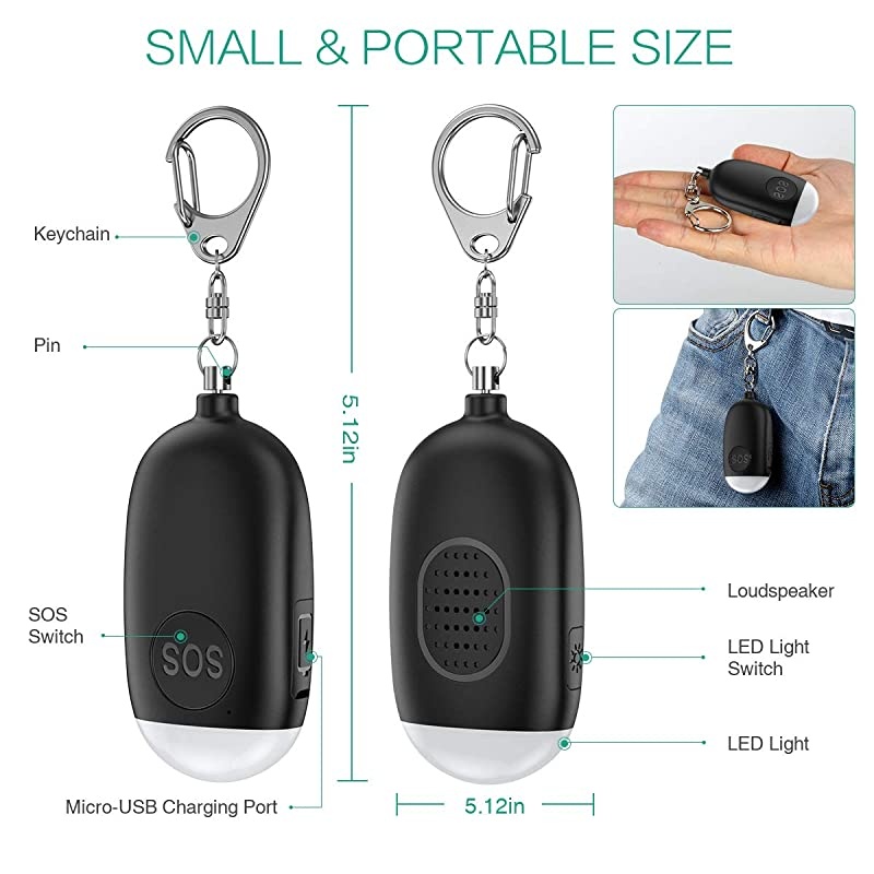 Safe Sound Personal Alarm Personal Security Alarm Keychain 130dB Emergency Self Defense Alarms with LED Light Supports USB Charging for Women Kids Elderly Black and White 2 Pack
