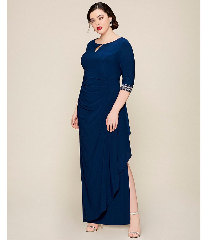 Alex Evenings Plus Size Side Round Keyhole Neck 3/4 Sleeve Ruched Embellished Cuff Gown