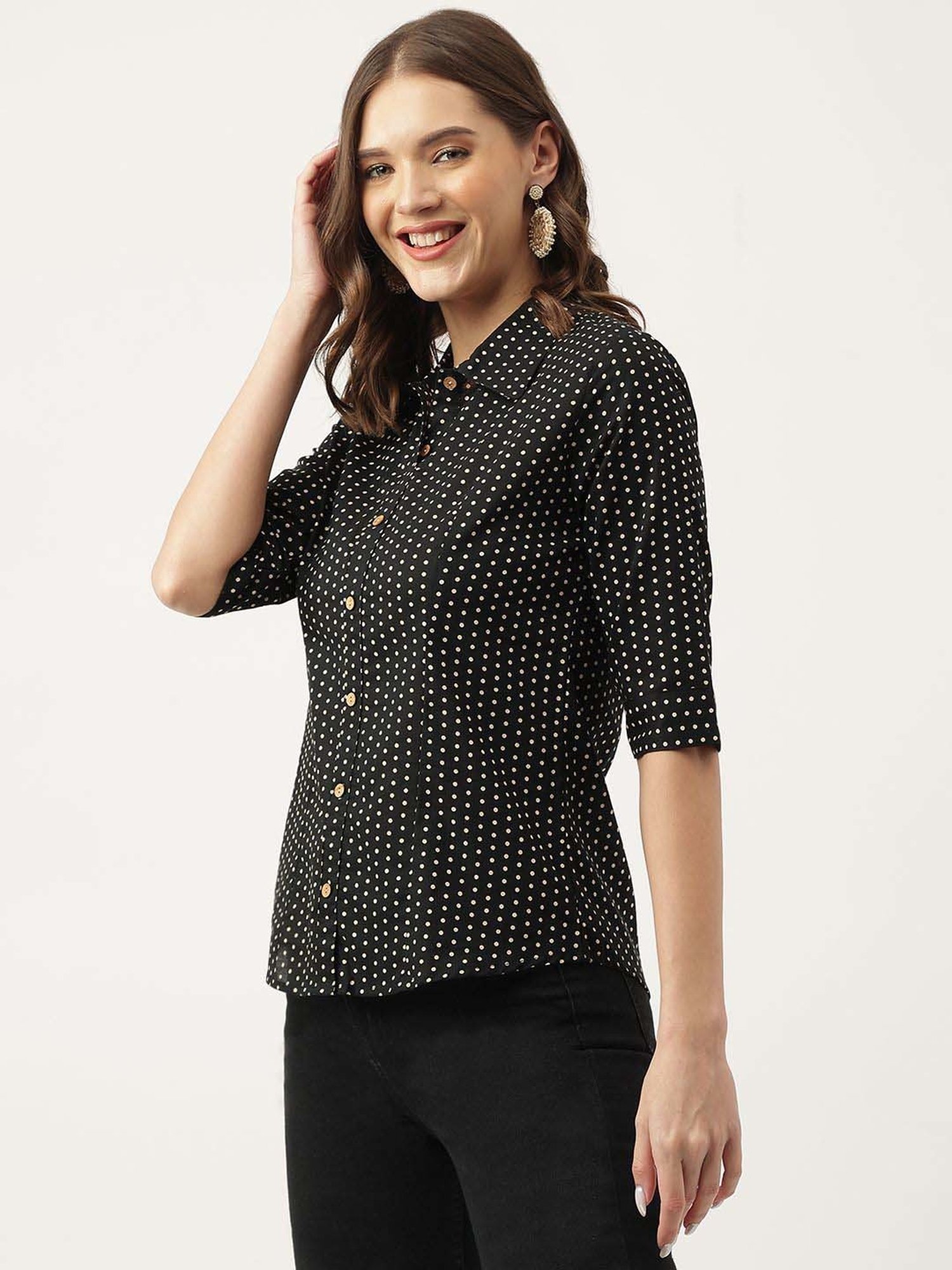 Divena Black Cotton Polka Dots Top