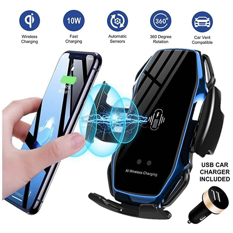 Car Charger Mount Auto Clamping with Smart IR Motion Senors, Electric Powered Automatic Clamping Car Air Vent Charging Phone Holder 10W Fast Charging for All Phones Models (Silver)