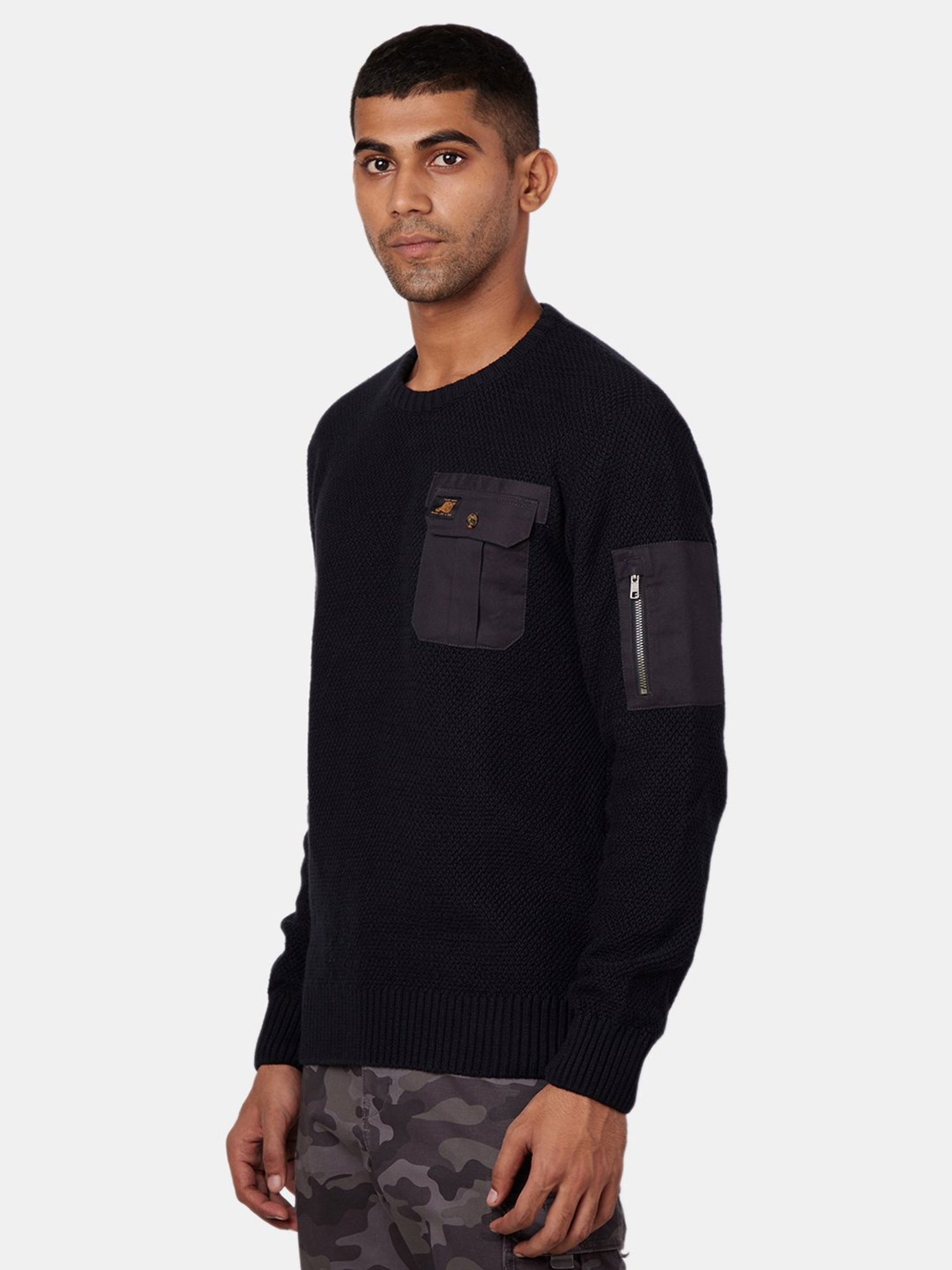 Royal Enfield Black Self Design Full Sleeves Sweater