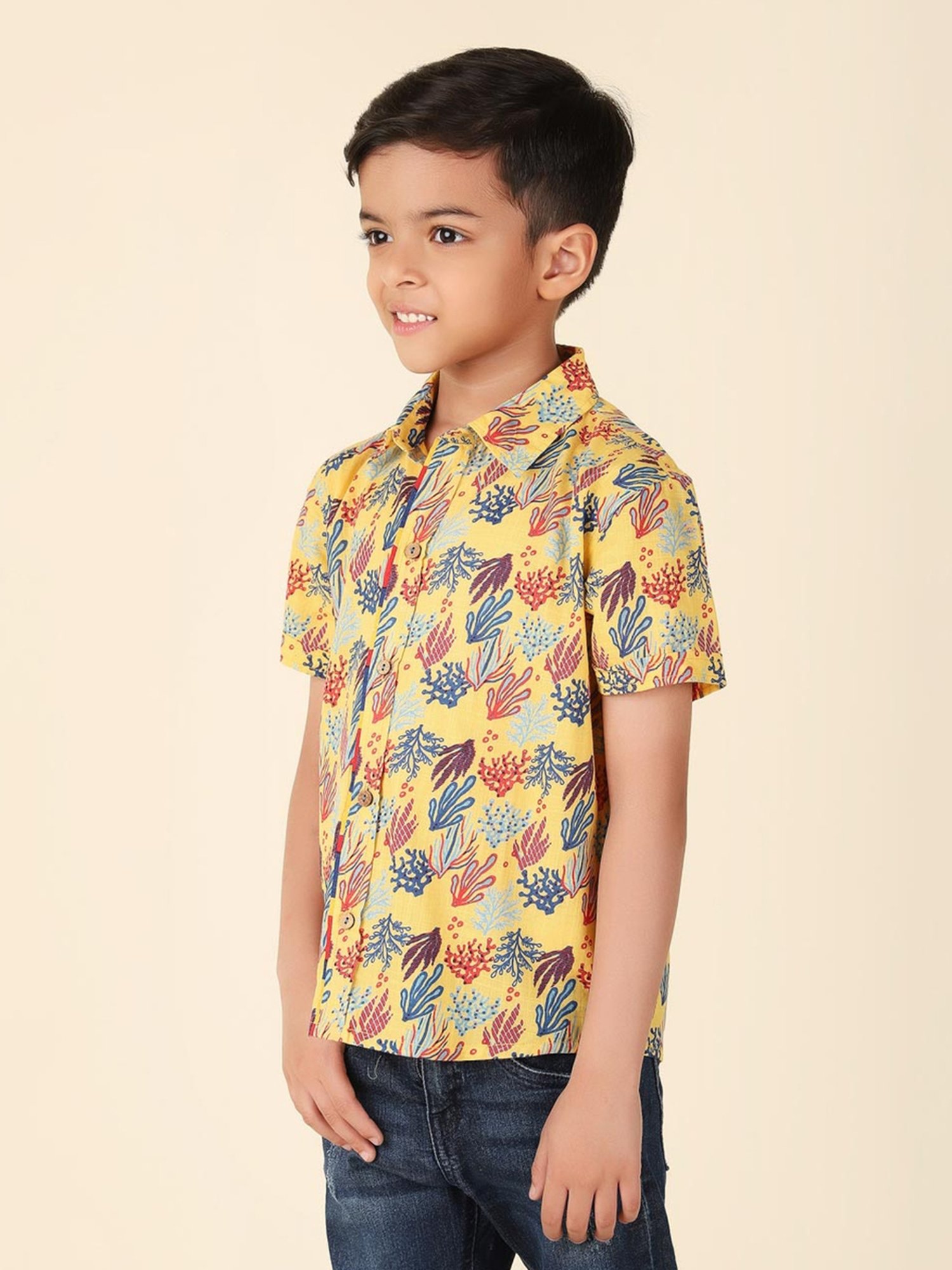 Fabindia Kids Yellow & Blue Cotton Printed Shirt