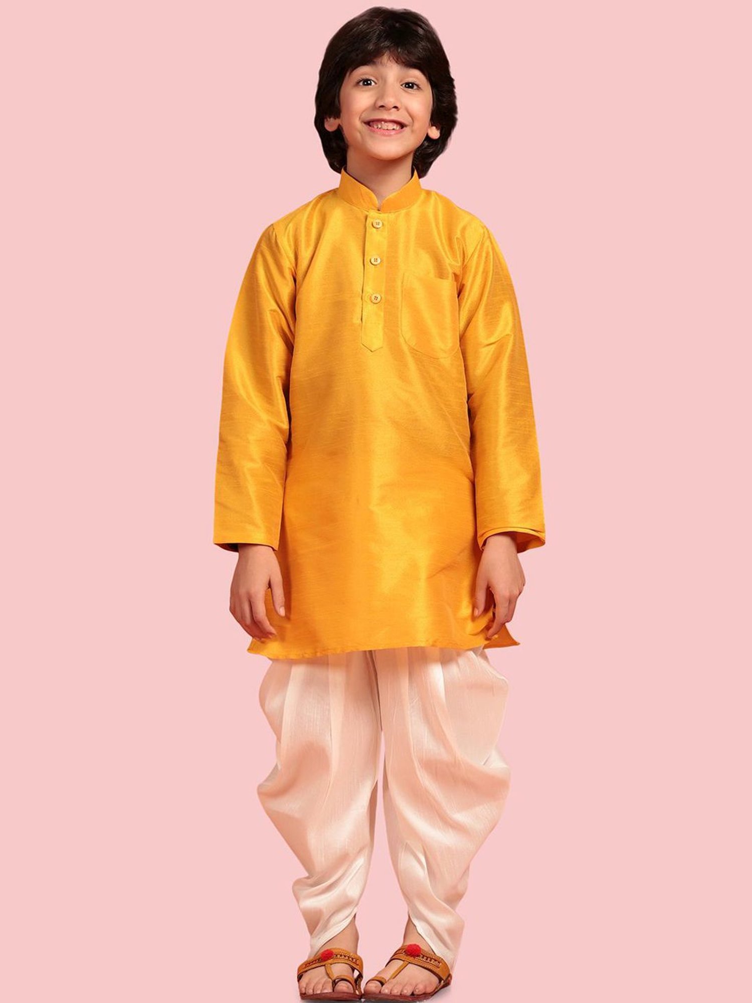 AJ Dezines Kids Yellow & White Regular Fit Full Sleeves Kurta Set