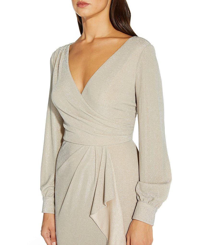 Adrianna Papell Metallic Knit Faux Wrap Surplice V-Neck Long Sleeve Ruffle Gown