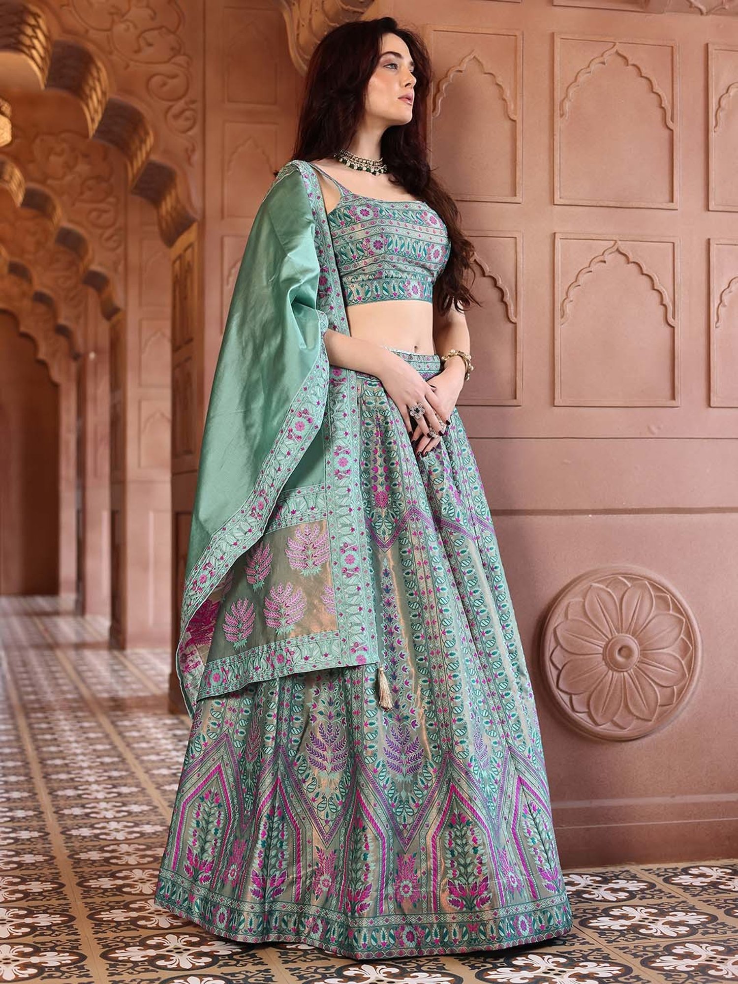 PURVAJA Sea Green Woven Lehenga Choli Set With Dupatta