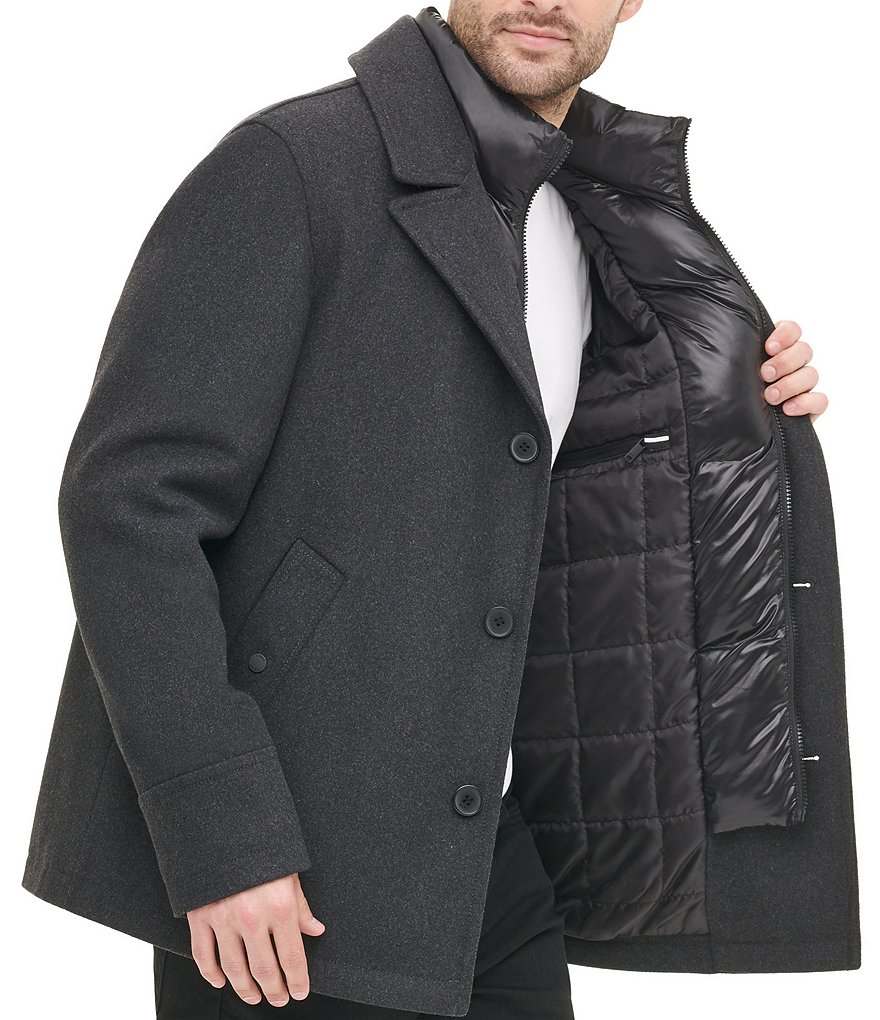 DKNY Long-Sleeve Nylon Quilted-Bib Wool-Blend Peacoat