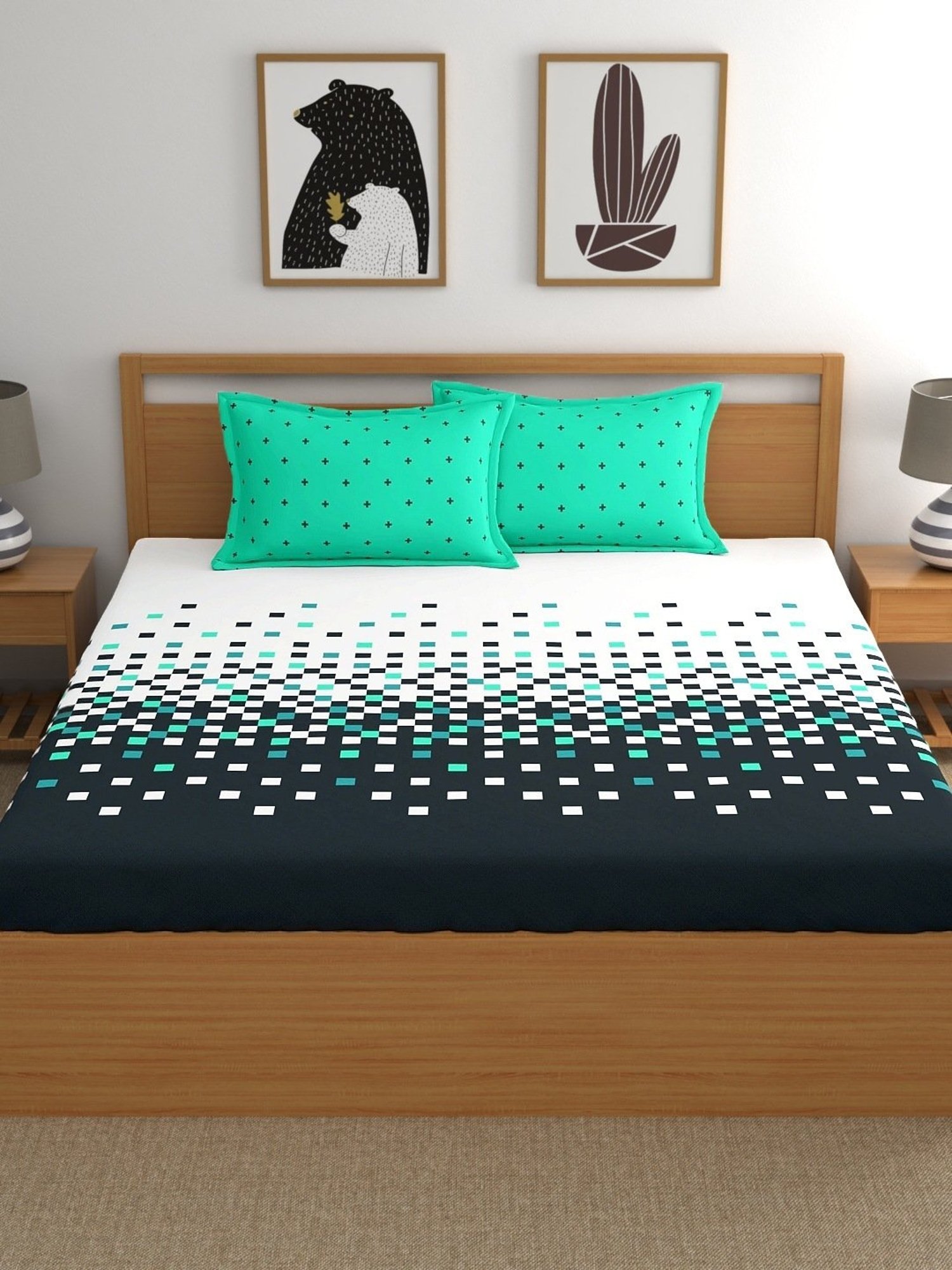 My Room Geometric Multicolor 140 TC Cotton Fitted King Bed Sheet with 2 Pillow Covers