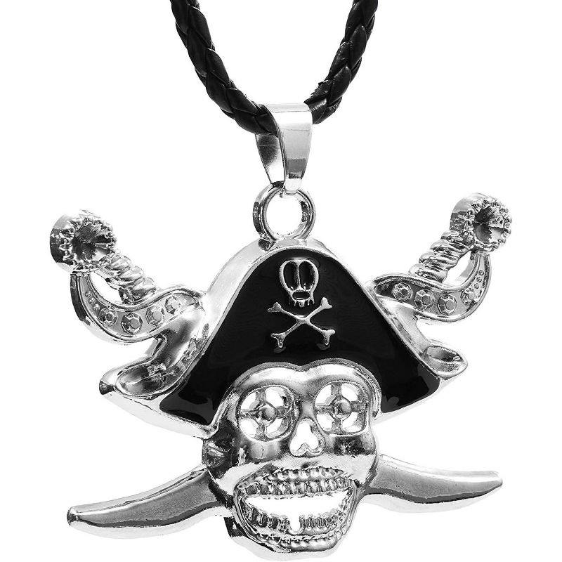 Blue Panda Silver Pirate Skull Pendant with Leather Chain Necklace for Men and Halloween Party, 19"