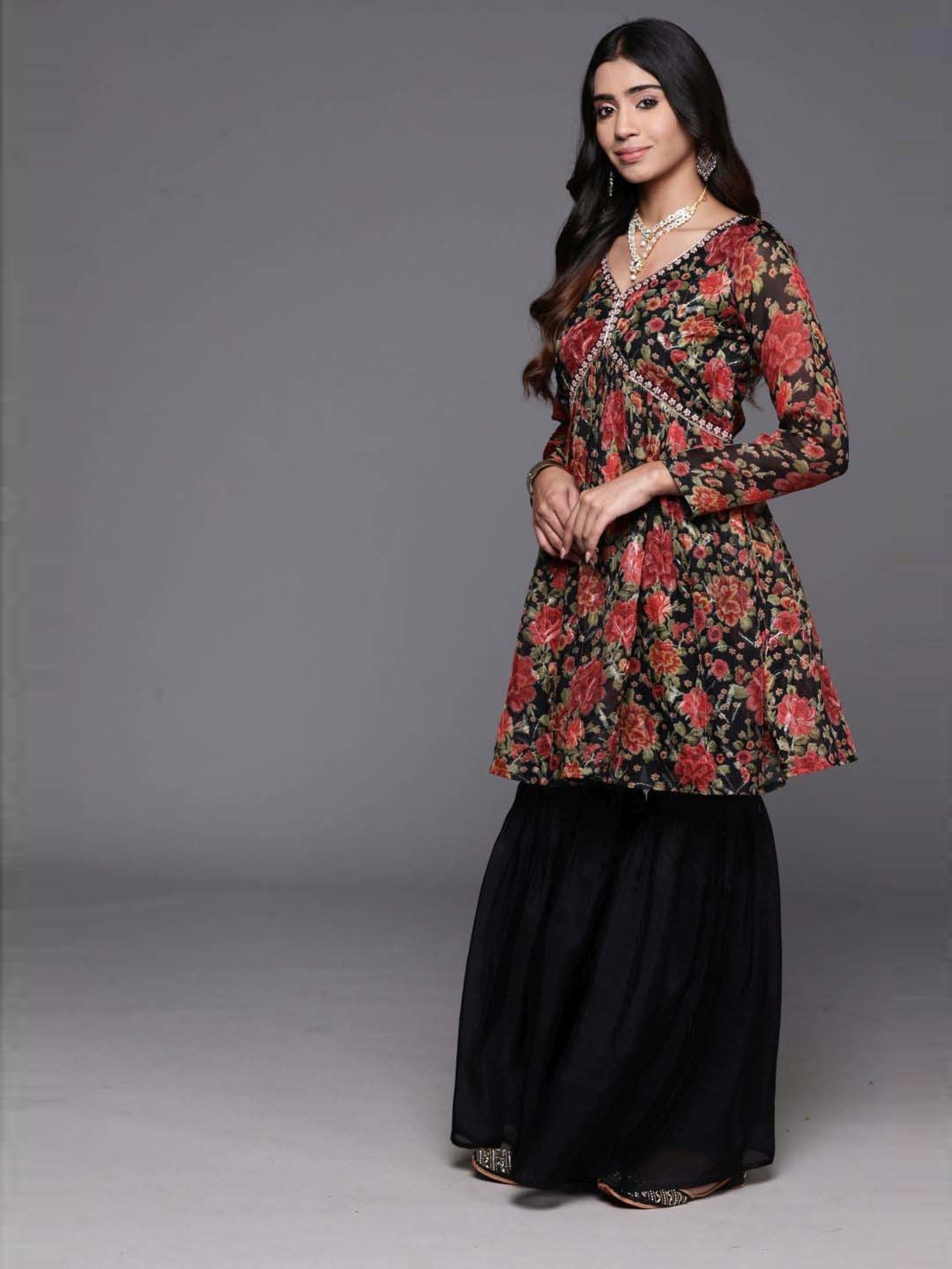 Libas Black Printed Kurti Sharara Set With Dupatta