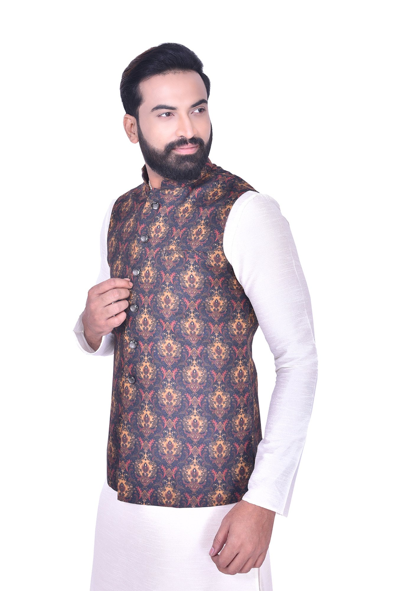 Manyavar Blue & Yellow Printed Ethnic Jacket