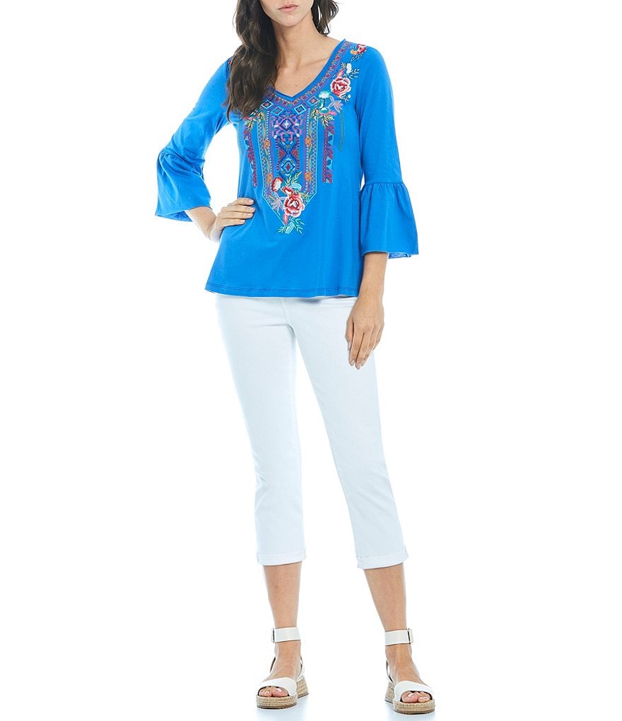 Calessa Knit Jersey Floral Embroidery 3/4 Bell Sleeve Shirt