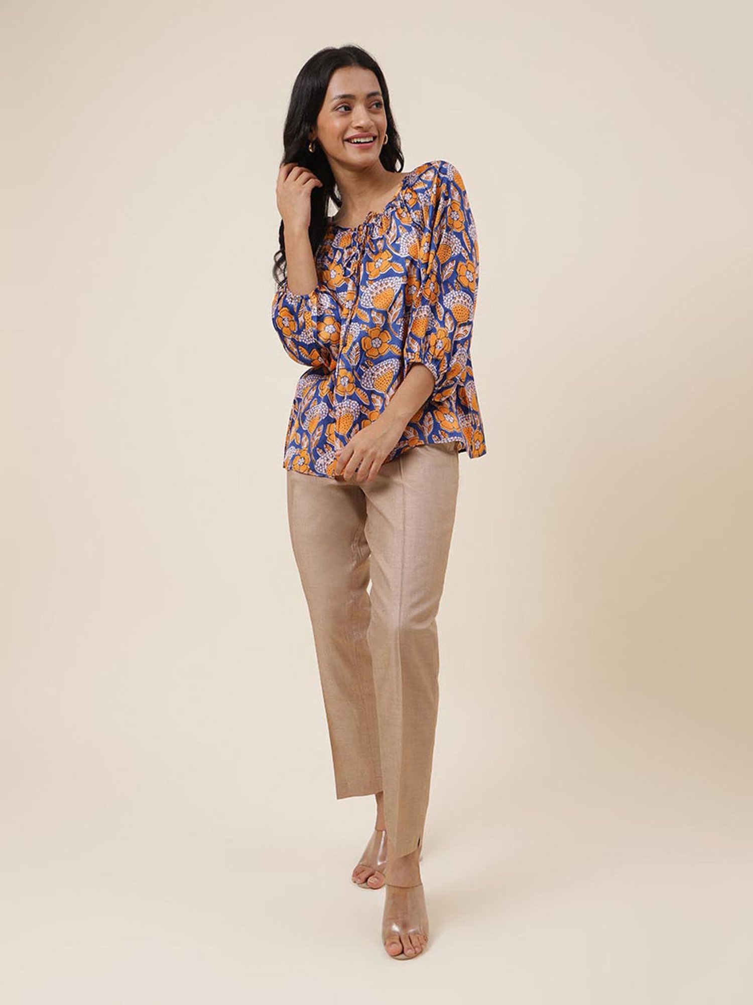 Fabindia Royal Blue & Mustard Printed Top