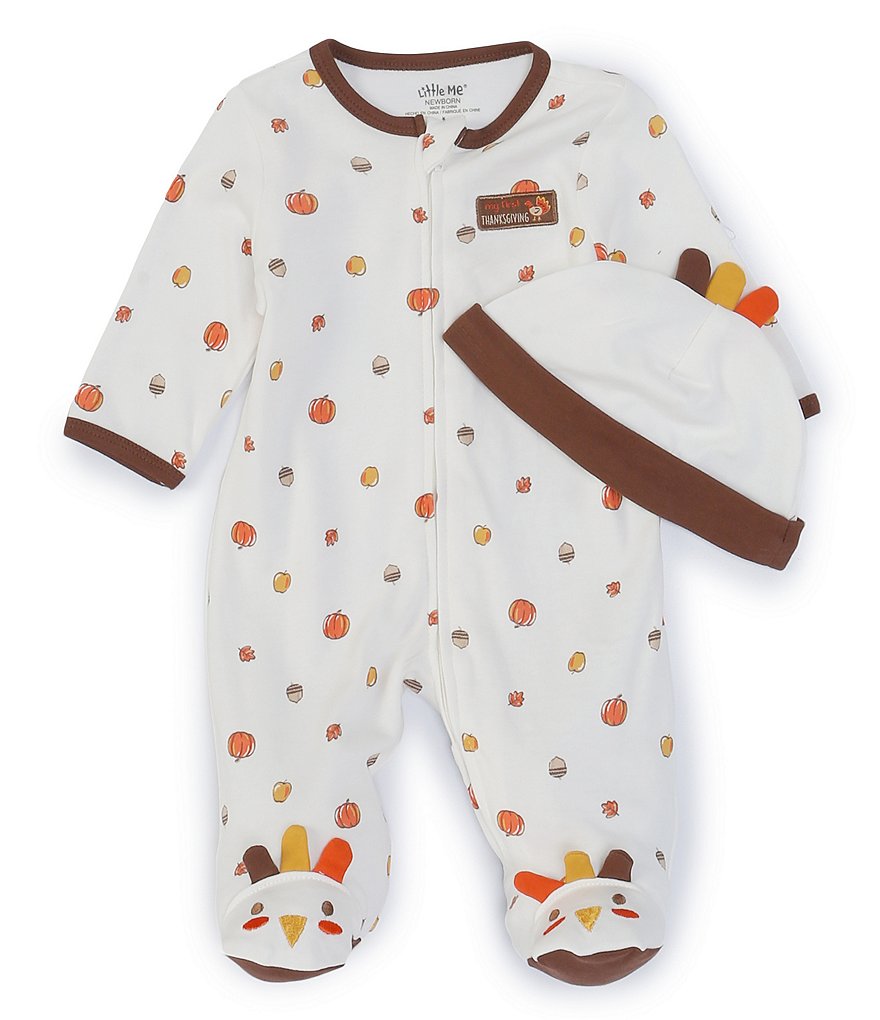 Little Me Baby Boys Newborn-9 Months Long-Sleeve Turkey Footed Coverall & Hat Set