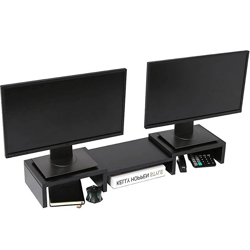 Dual Monitor Stand Riser Adjustable Length and Angle Multi Screen Stand Desktop Stand Storage Organizer for Laptop ComputerTVPCPrinter Black