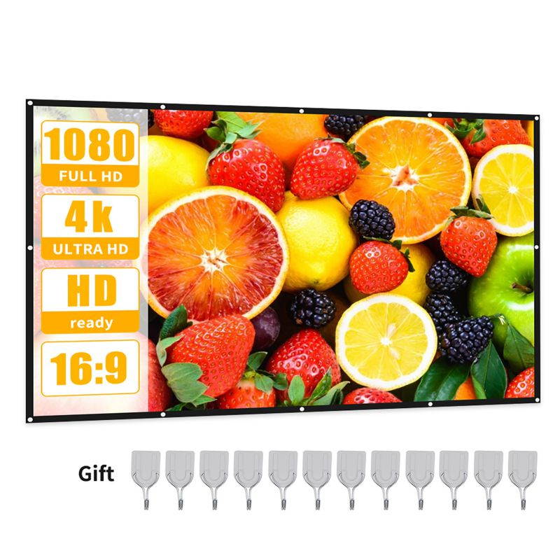 Aibecy Projection Screen 16:9 HD 4K Movie Screen Curtain Foldable Portable Anti-Crease Projector Screen with Stick Hooks for Indoor Outdoor Home Theater Office Presentation Support Front & Rear