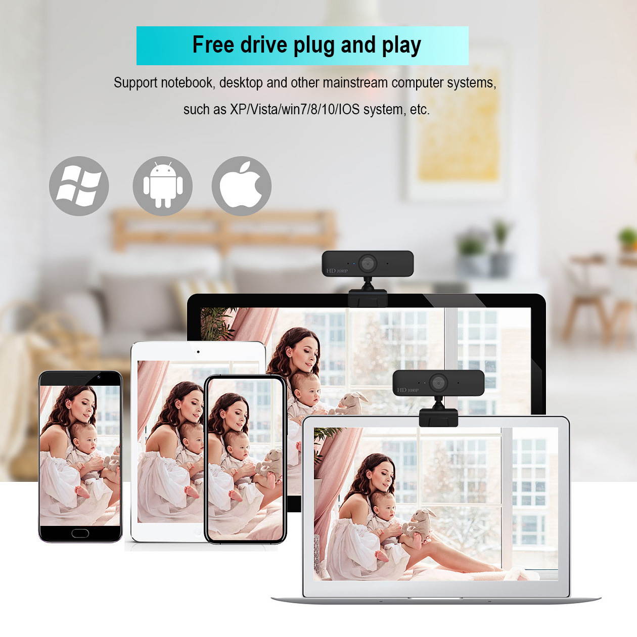 HXSJ S1 1080P HD Webcam, USB Webcam for Live Streaming, Desktop and Laptop Webcam, Plug and Play Video Calling Computer Camera, Built-in Mic,1920 x 1080 Dynamic Resolution, Black